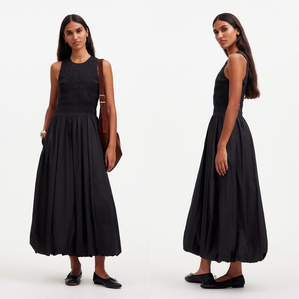 Madewell The Melody Bubble-Hem Smocked Midi Dress in Poplin True Black NT311 Med